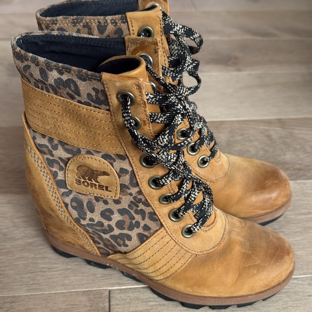 Sorel Tan and Brown Lace Up leopard wedge Boots